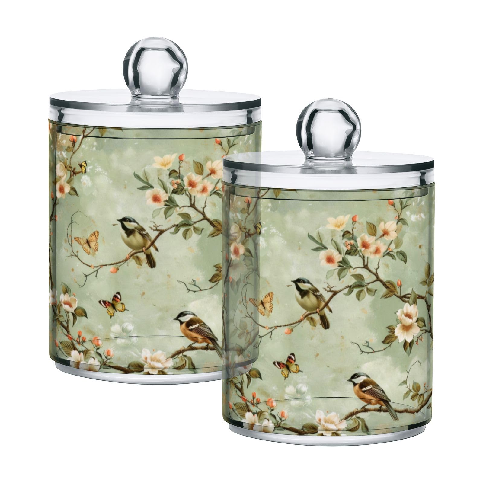 Msyxl 2 Pack Green Vintage Birds Apothecary Jars with Lid, Qtip Holder Storage Containers for Cotton Ball, Swabs, Pads, Clear Plastic Canisters for Bathroom Vanity Organization (10 Oz)