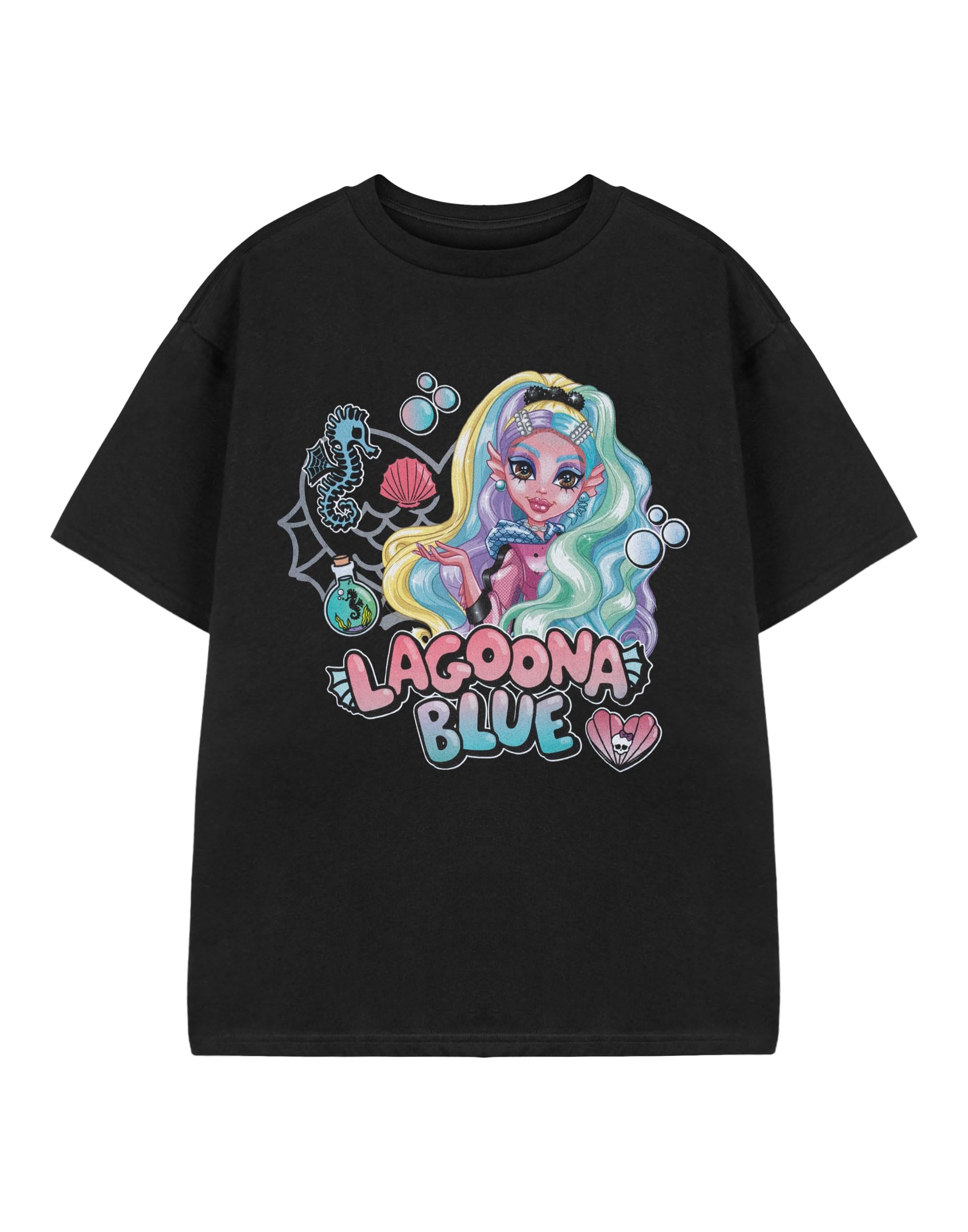 Monster High Girls Lagoona Blue Black Graphic Tee | Short Sleeve T-Shirt | Casual Cartoon Apparel | Mh Character Design | Fun Lightweight Top For Kids Merch - 13-14 Years