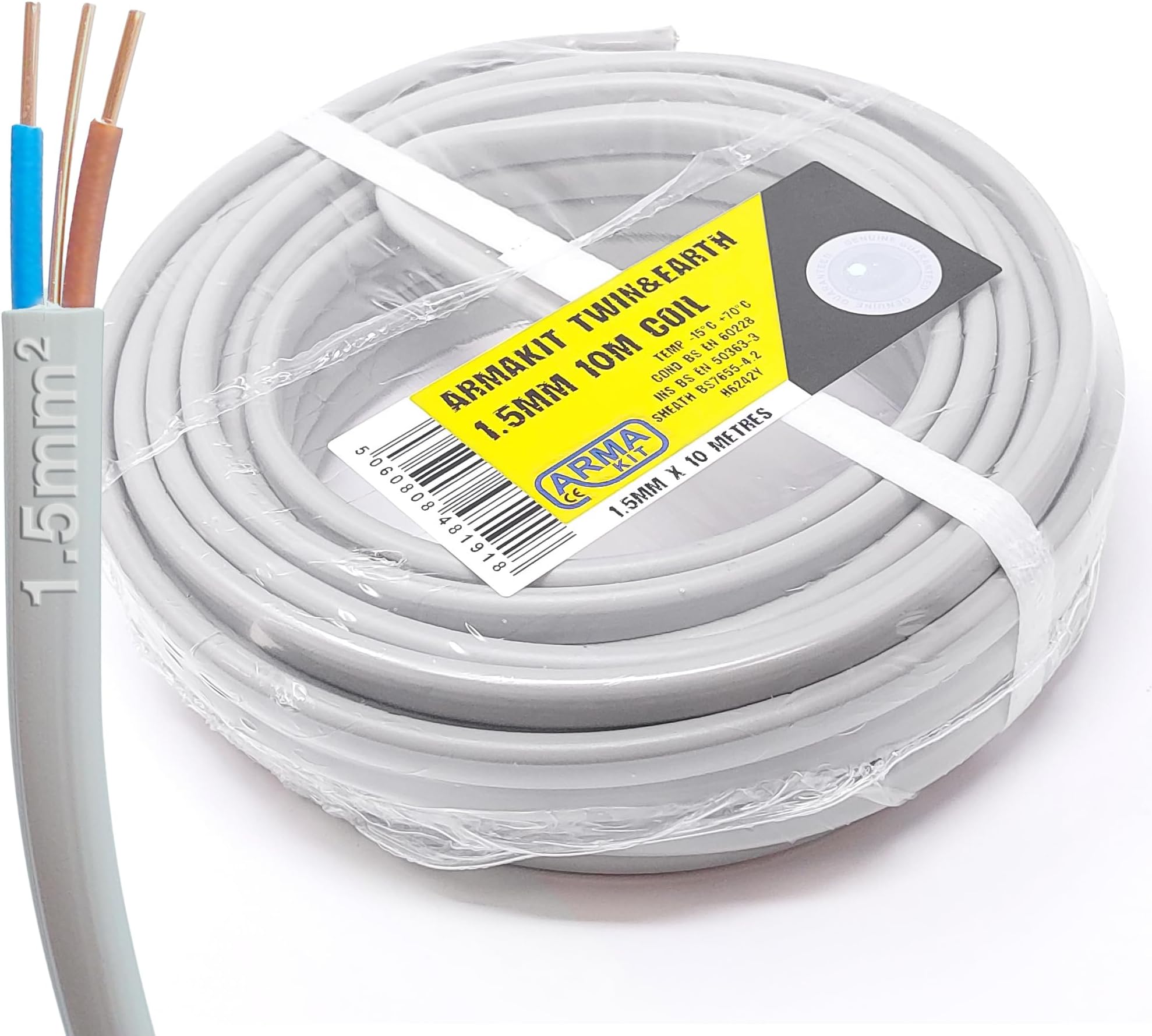 1.5mm Twin & Earth 10m 6242Y1.5 - GREY 240v Mains 3 Core Electrical Wire - 1.5mm 3 Core Lighting Extension Cable