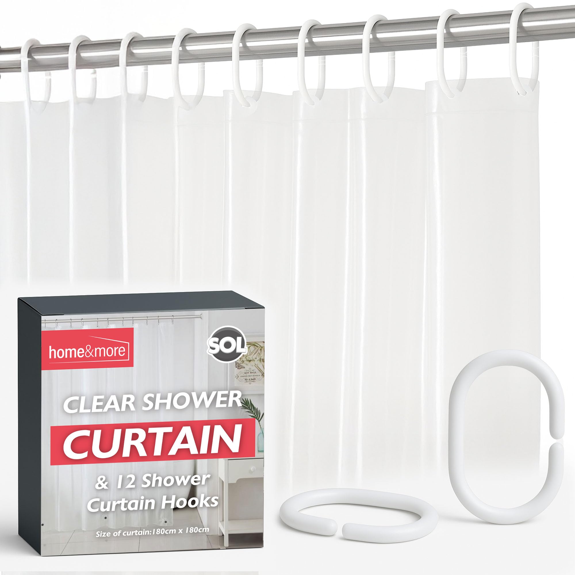 Sol Clear 1Pk Shower Curtain For Bathroom With 12Pc Hooks, 180Cm X 180Cm, Plastic Bath Cover Liner, Rust-Proof Grommets, Anti-Mould, Stain-Resistant, Waterproof, Easy To Install, Keeps Floors Dry