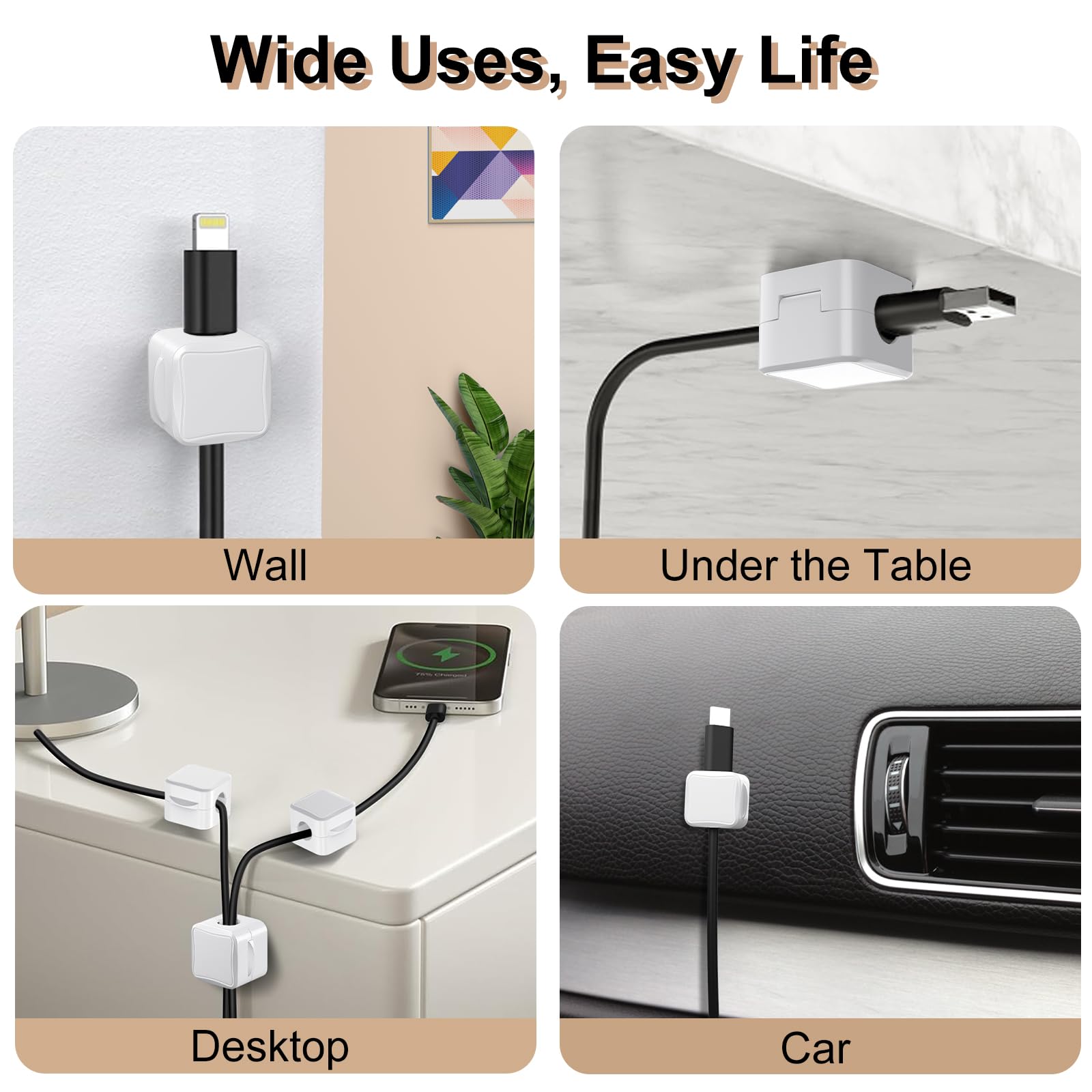 TiMOVO Magnetic Cable Clips, 8 Pack Cable Cord Organizer with Strong Adhesive under Desk Cable Management, Small Mini Wire Holder Keeper Organizer for Home Office Desk Kitchen Car Nightstand, White
