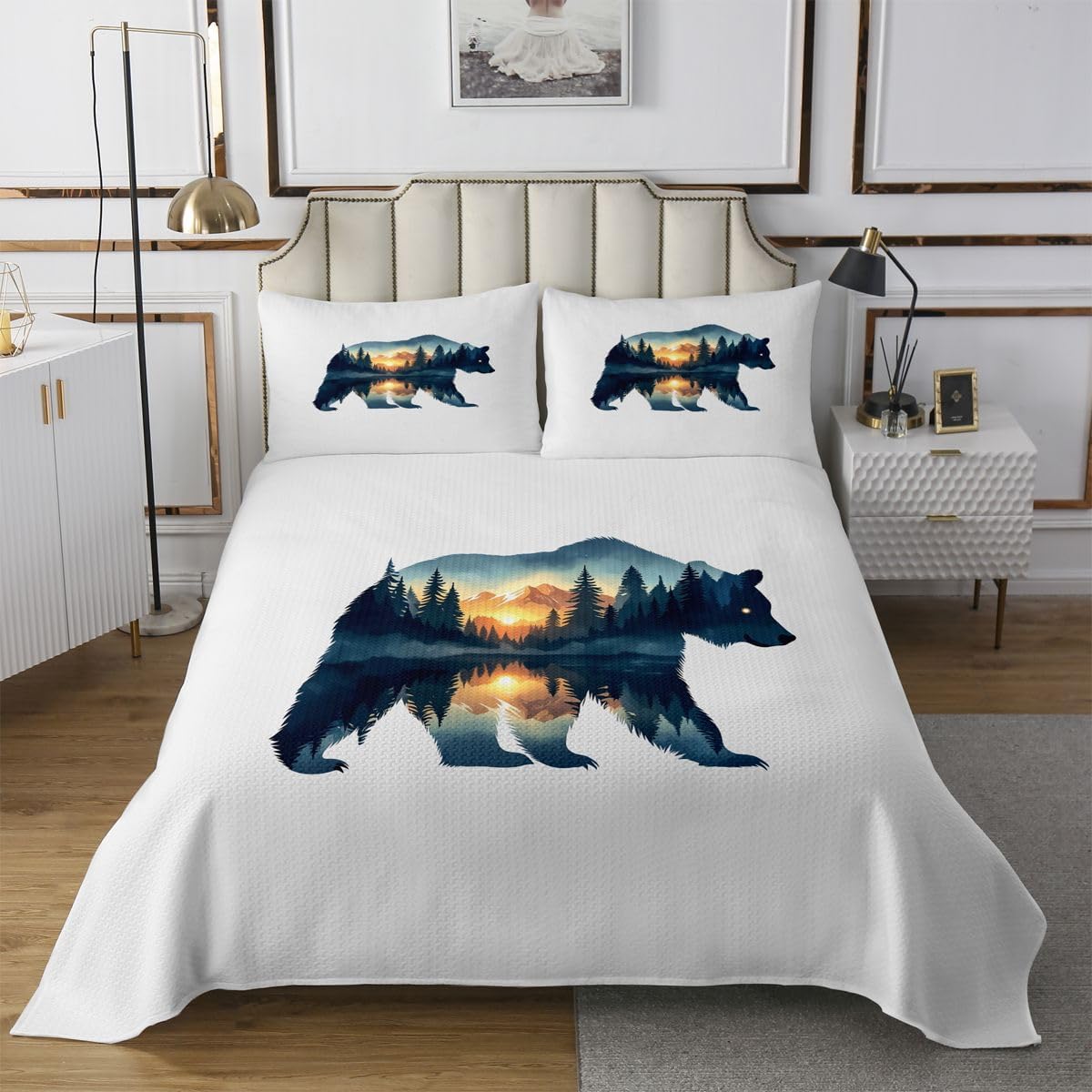 Xmas Bear Kids Bedspread Queen Size,Mountain Pine Tree Wildlife Pattern Coverlet Set,Teens Women Bedroom Decor,Country Nature Lodge Style Quilted Coverlet,White Bule Bedding Quilt,2 Pillowcases