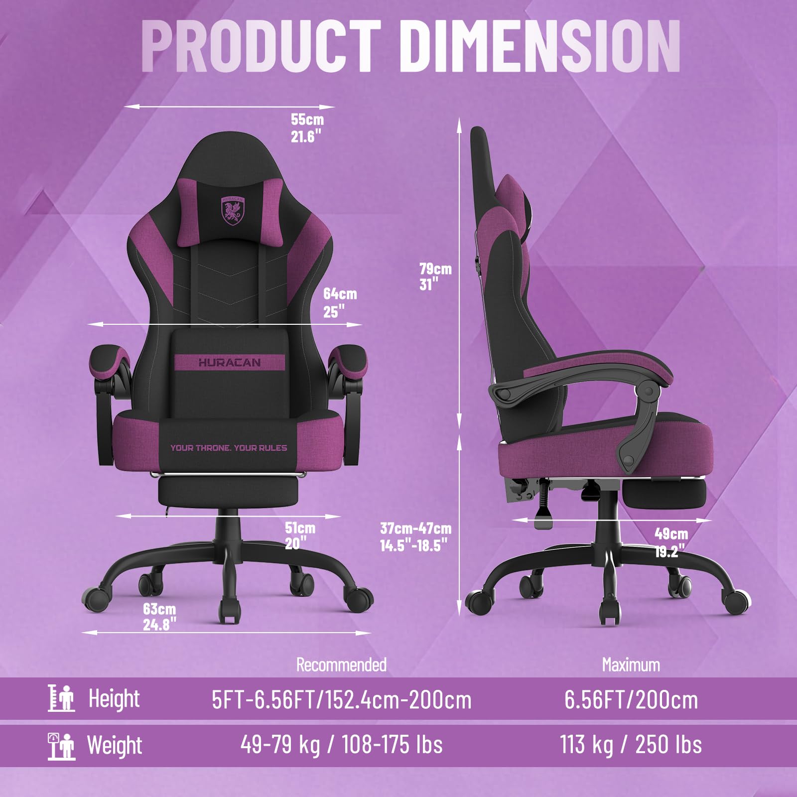 Huracan Chaise Gaming Ergonomique avec Fonction Massage, Appui-Tête et Repose-Pieds, Fauteuil Gamer en Tissu Technique Respirant, Dossier Inclinable 90°-135°, Siege Gaming Réglable en Hauteur