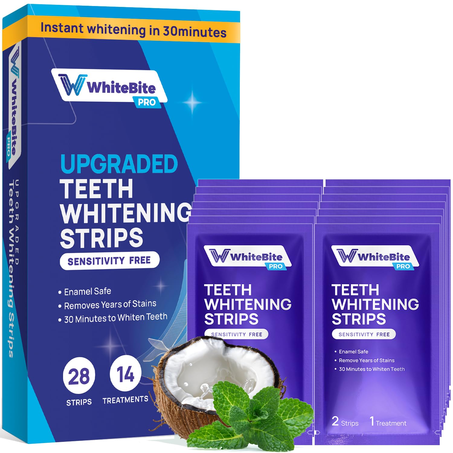 Whitebite Pro Upgraded Teeth Whitening Strips 28 Strips 14 Treatments Enamel-Safe Deep Stains Removal Non-Slip Design Whitening Without