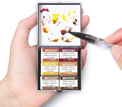 Mini Portable Handmade Artist Watercolor Paint Travel Metallic Box Set with 6 Earth Tone Solid Watercolor Half Pans Each Capacity Approx 1.5ml Pearlescent.Earth Tone