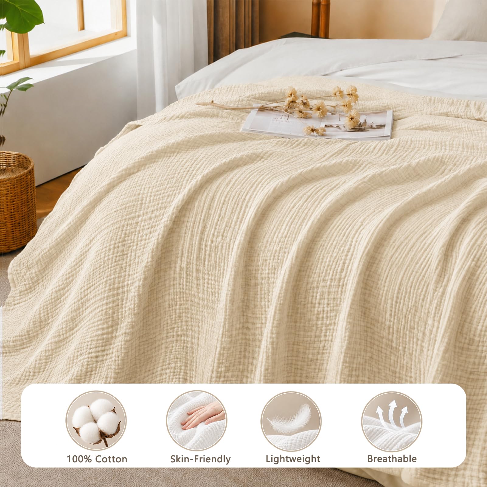 Coperta in mussola, 150 x 200 cm, 6 strati, in 100% cotone, prelavata, morbida e traspirante, leggera coperta estiva per letto e divano (beige chiaro)