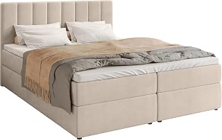 BROMARKT Boxspringbett mit Matratze 180x200cm Bett mit Topper Beige | Polsterbett mit Bettkasten Doppelbett für Schlafzimmer gepolsterte Kopfstütze Bed Bonell Härtegrad H3 DENVER