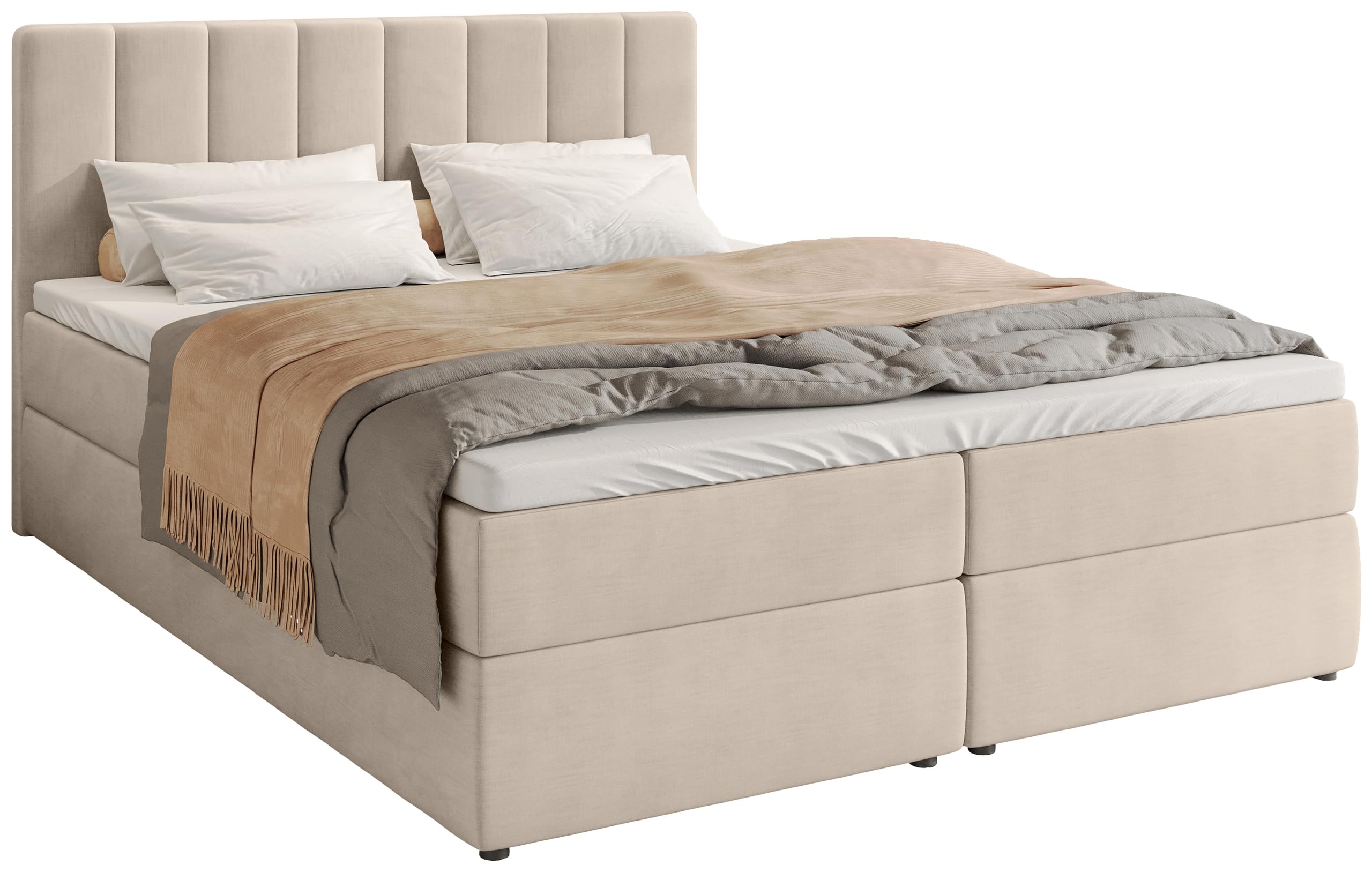 BROMARKT Boxspringbett mit Matratze 160x200cm Bett mit Topper Beige | Polsterbett mit Bettkasten Doppelbett für Schlafzimmer gepolsterte Kopfstütze Bed Bonell Härtegrad H3 DENVER