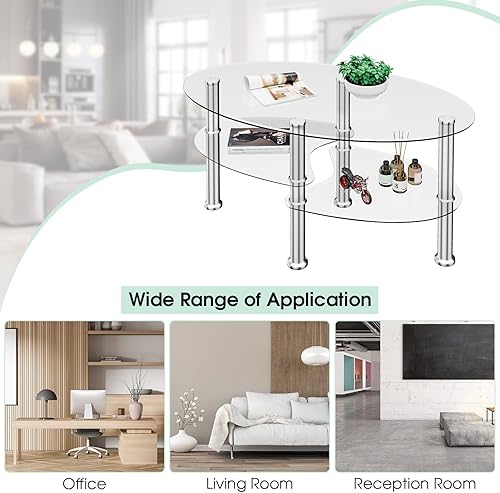 Miniatura 8 de COSTWAY Mesa auxiliar de cristal, mesa auxiliar de sofá de 3 niveles con patas de tubo de metal y estantes abiertos, moderna mesa auxiliar ovalada