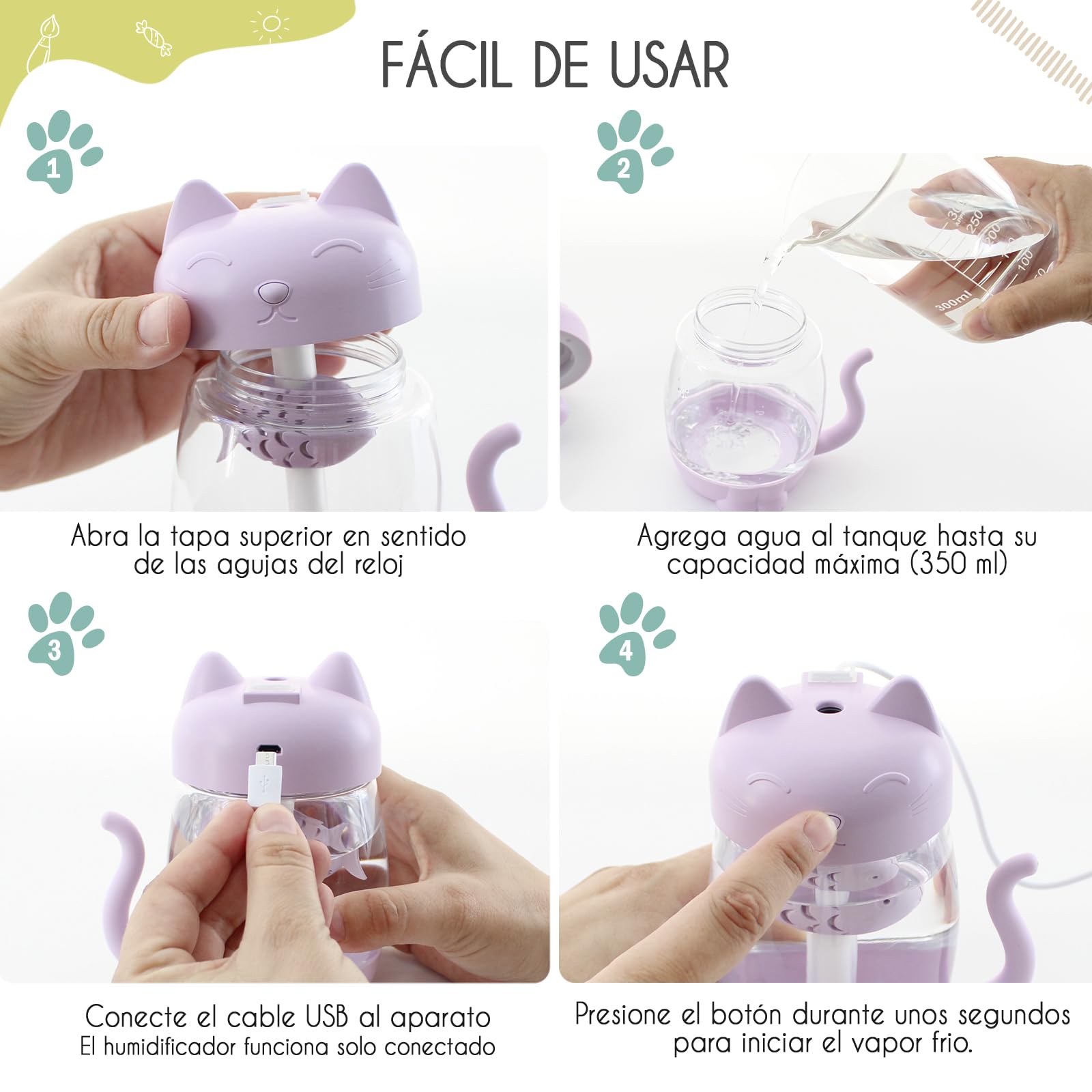 Mini Humidificador Infantil de Gatito 350ml con Luz LED USB y Mini Ventilador Niebla Fría Silenciosa para Niños
