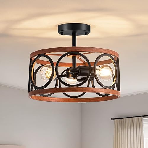 3-Light Farmhouse Semi Flush Mount Ceiling Light Fixture, 12.6 Inch Rustic Metal Drum Light Fixtures Ceiling Mount, Industrial Light Fixtures for Kitchen Dining Room Living Room Bedroom, Red