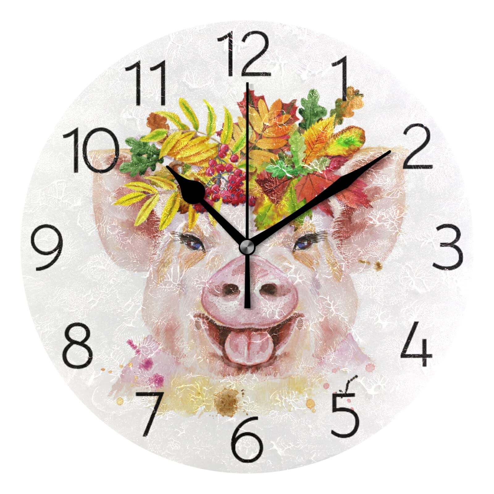 Pendule murale cochon mignon couronne d'automne pour cuisine et école