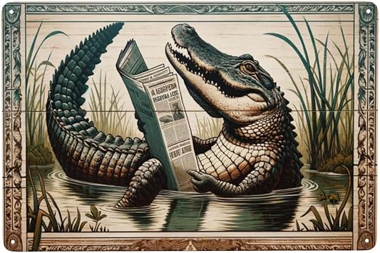 Swamp News Alligator Metal signs Wall Art decor - Vintage Tin Sign for Home Decor, Indoor Outdoor Antique Styles Plaque,for Farmhouse, Garden, Man Cave, and Bar Decor 12x16inch
