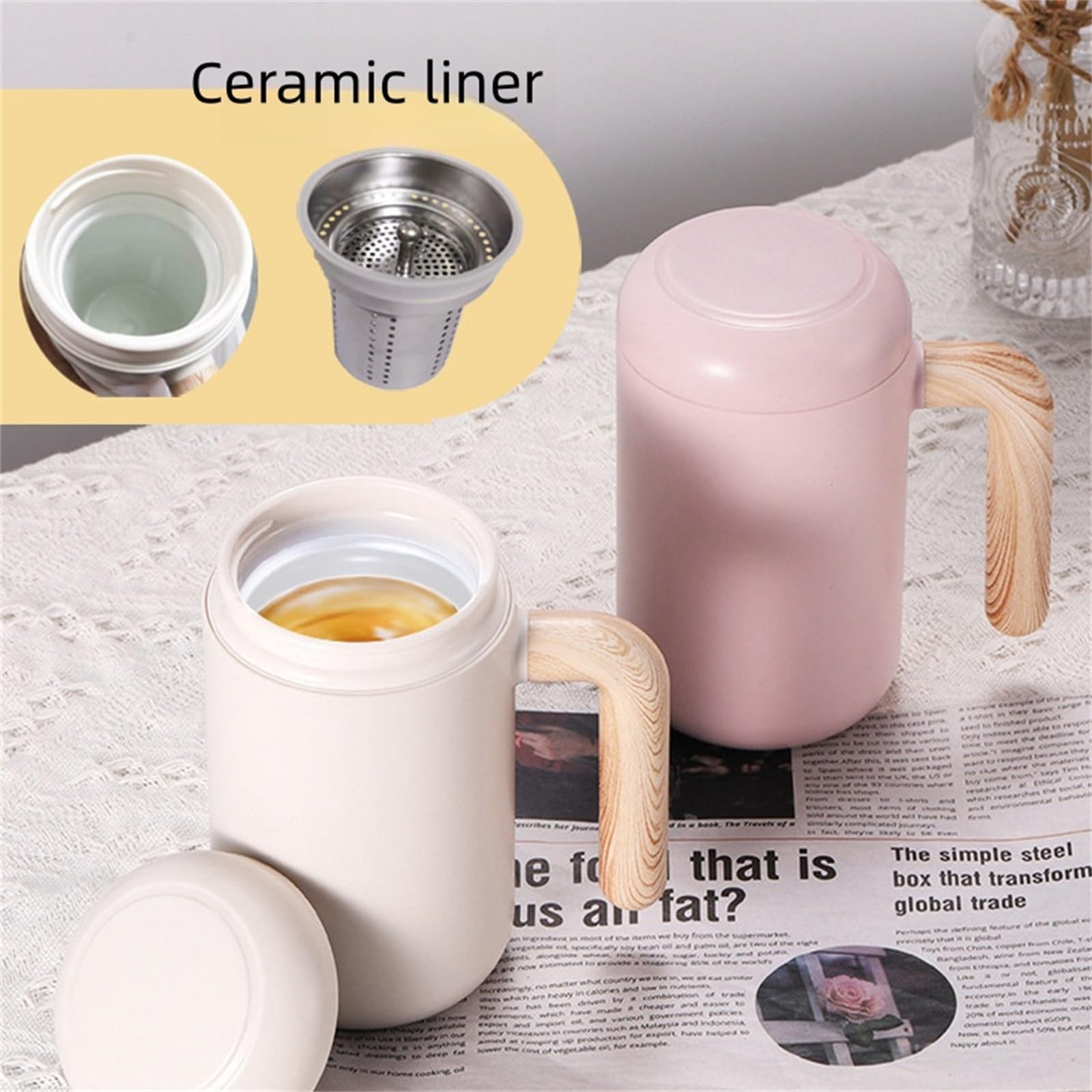 Ceramiczny kubek do kawy z pokrywką, kubek do herbaty, butelka na wodę, kubki izolowane z wkładką ceramiczną/wkładką ze stali nierdzewnej, kubki do kawy, kubki na prezenty. /659(Ceramic liner white)