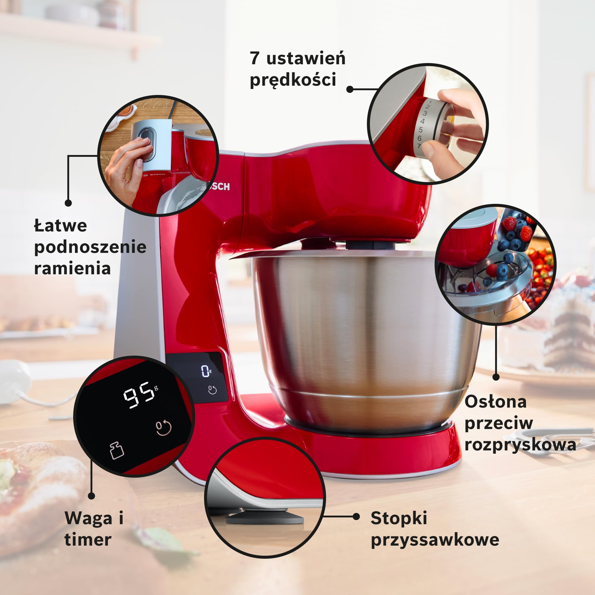 Bosch, mikser stojący, MUM5, 1000 W, 7 ustawień prędkości, miska ze stali nierdzewnej 3,9 l, zestaw do ciast w zestawie, waga, timer, blender, ciągła szatkownica z czterema dyskami, czerwony, MUM5X720