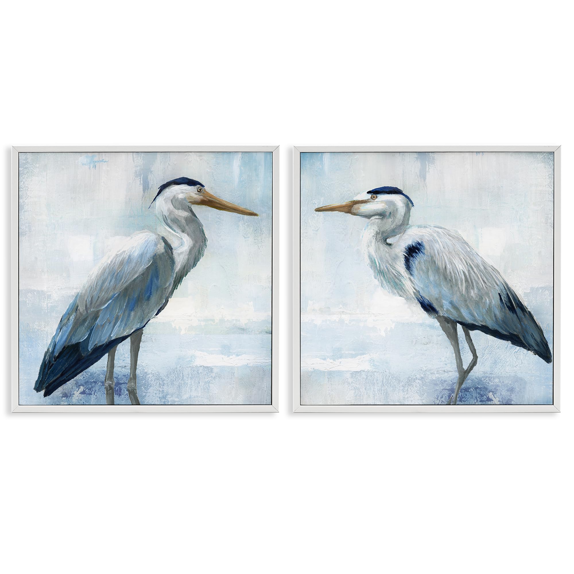 Stupell Industries Coastal White (Textured) 'Faded Blue Coastal Herons', 2Pc Framed Giclee Art Set 2, White, 24 X 24 Inches, Easy To Hang And Sturdy, Made In Usa, By Nan