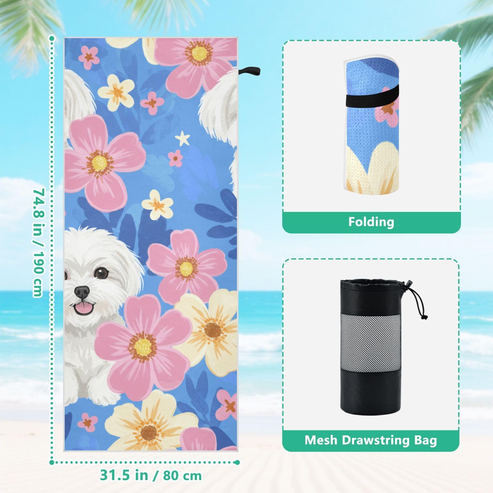 Toallas de playa grandes con bolsas de malla para adultos, toalla de baño de perros malteses blancos felices con cierre magnético, toalla absorbente de secado rápido para piscina, camping y