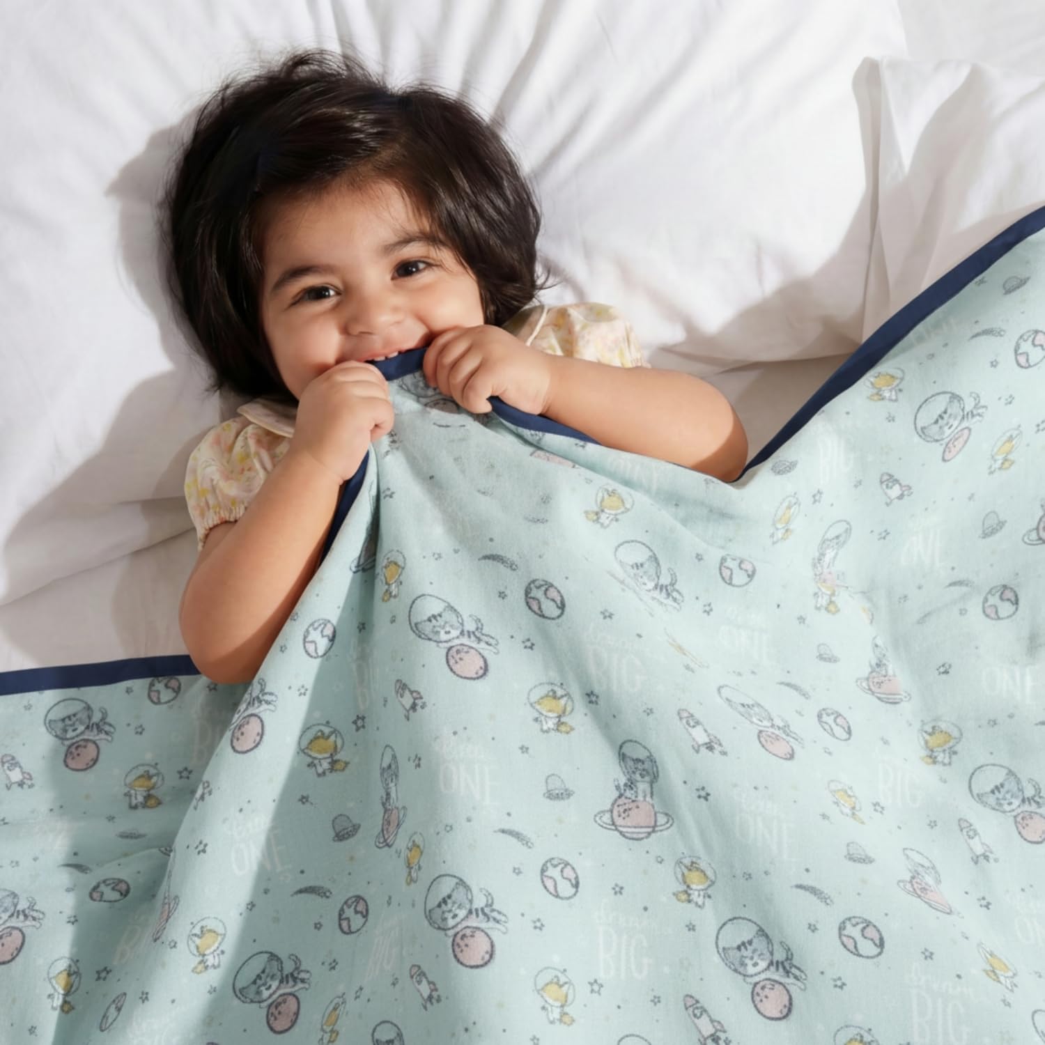 haus & kinder 100% Cotton Reversible Muslin Blanket For Newborn Baby Boy And Girl, Triple Layer Blanket 0-2 Years, Size- 120 Cm X 120 Cm (Spacewalk), Blue, 200 TC-image-25