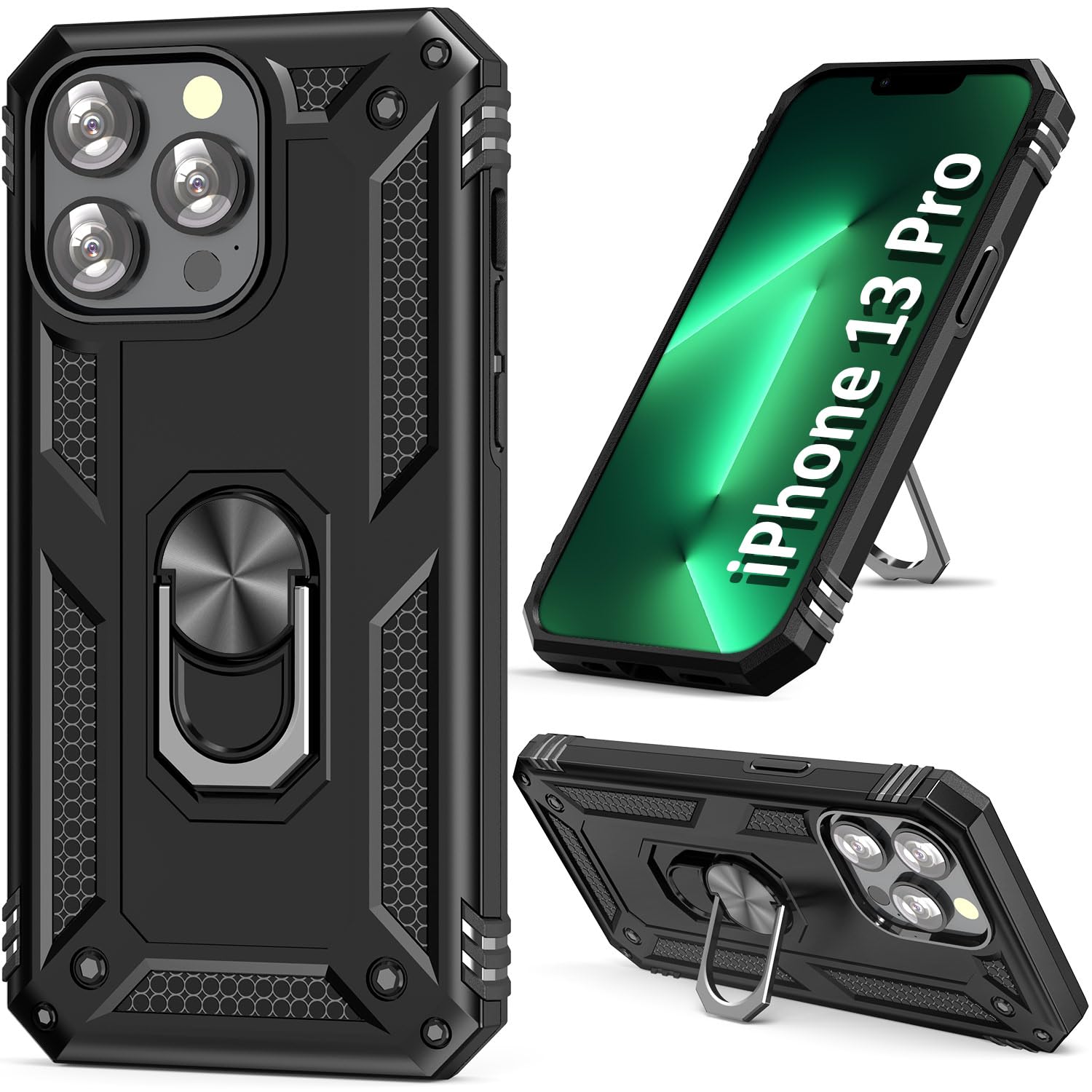 ADDIT Phone Case for iPhone 13 Pro Case Black iPhone 13 Pro Phone Case for Men,with Metal Ring Kickstand,Heavy Duty Dual Layer Cover for iPhone 13 Pro 6.1" Black