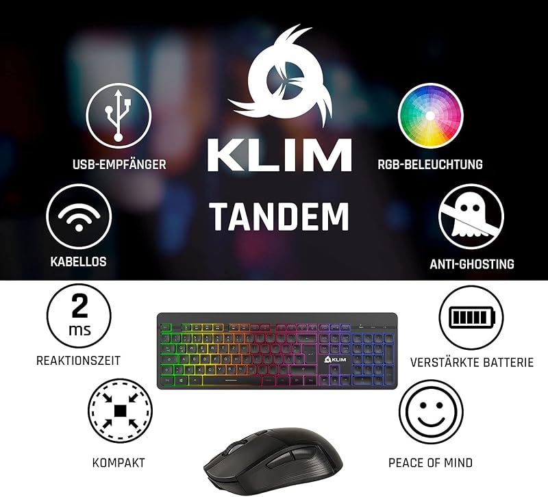 KLIM Tandem Vezeték Nélküli Gamer Billentyűzet és Egér Szett QWERTZ - Vékony, Tartós, Ergonomikus - PC, Mac, Xbox, PS4, PS5 Kompatibilis
