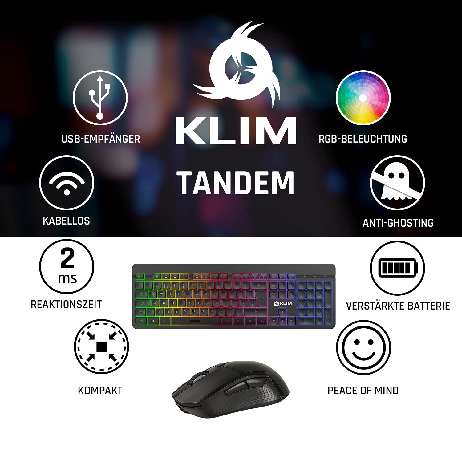 KLIM Tandem Souris et clavier sans fil QWERTZ + NOUVEAU 2022 + Fin Durable Ergonomique + Clavier de jeu avec souris sans fil pour ordinateur portable Mac Xbox PS4 PS5 + Batterie intégrée longue durée