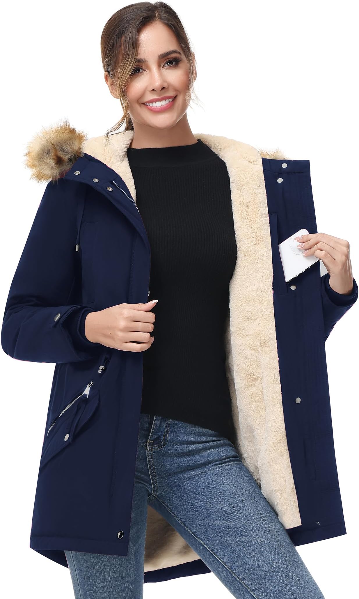 ANOTHER CHOICEWomen's Hooded Winter Coat Waterproof Parka Jacket Warm Sherpa FLeece Lined Winter Parka Coat