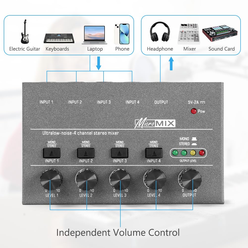 OFFCUP 4-K-Audio-Mixer, ultrakompakter, geräuscharmer Metall-Karaoke-Sound-Mixer mit separater Lautstärkeregelung für Gitarre, Bass, Keyboard, Mikrofon (Grau)