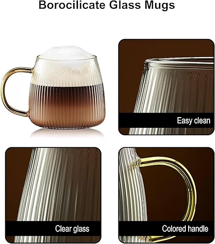 Miniatura 6 de Juego de 2 tazas de café de cristal únicas de alta calidad con elegante patrón de rayas verticales, mango amarillo claro (transparente)