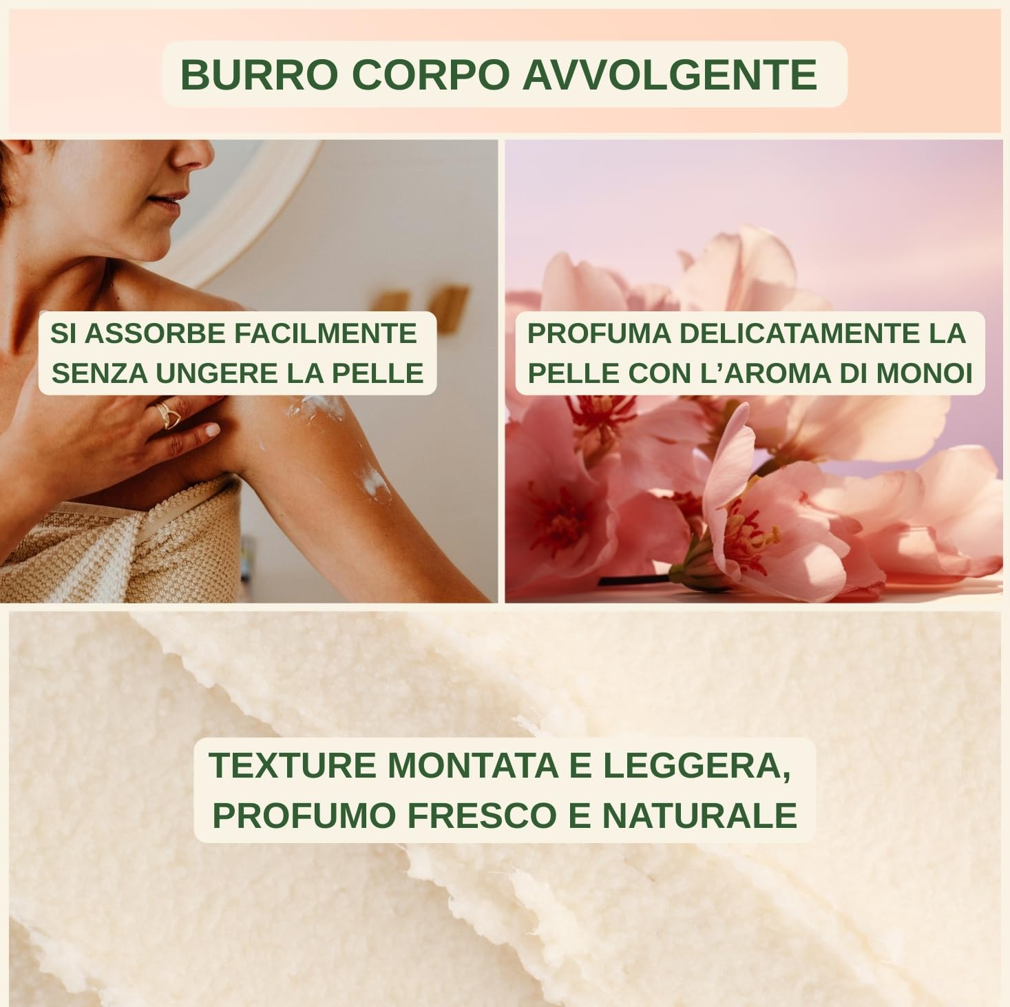 Antiche Bolle – Burro Corpo Naturale al Monoi e Burro di Karitè - Body Butter Idratante e Profumato ad Azione Lenitiva, Ideale per Pelle Secca -100 Gr