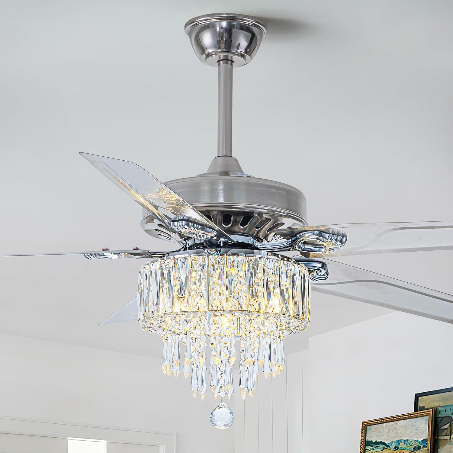Crystal Chandelier Ceiling Fan with Light and Remote - 50” Modern Fandelier with Reversible Motor, 6-Speed and Timing Fan for Large Living Room, Bedroom Indoor Use