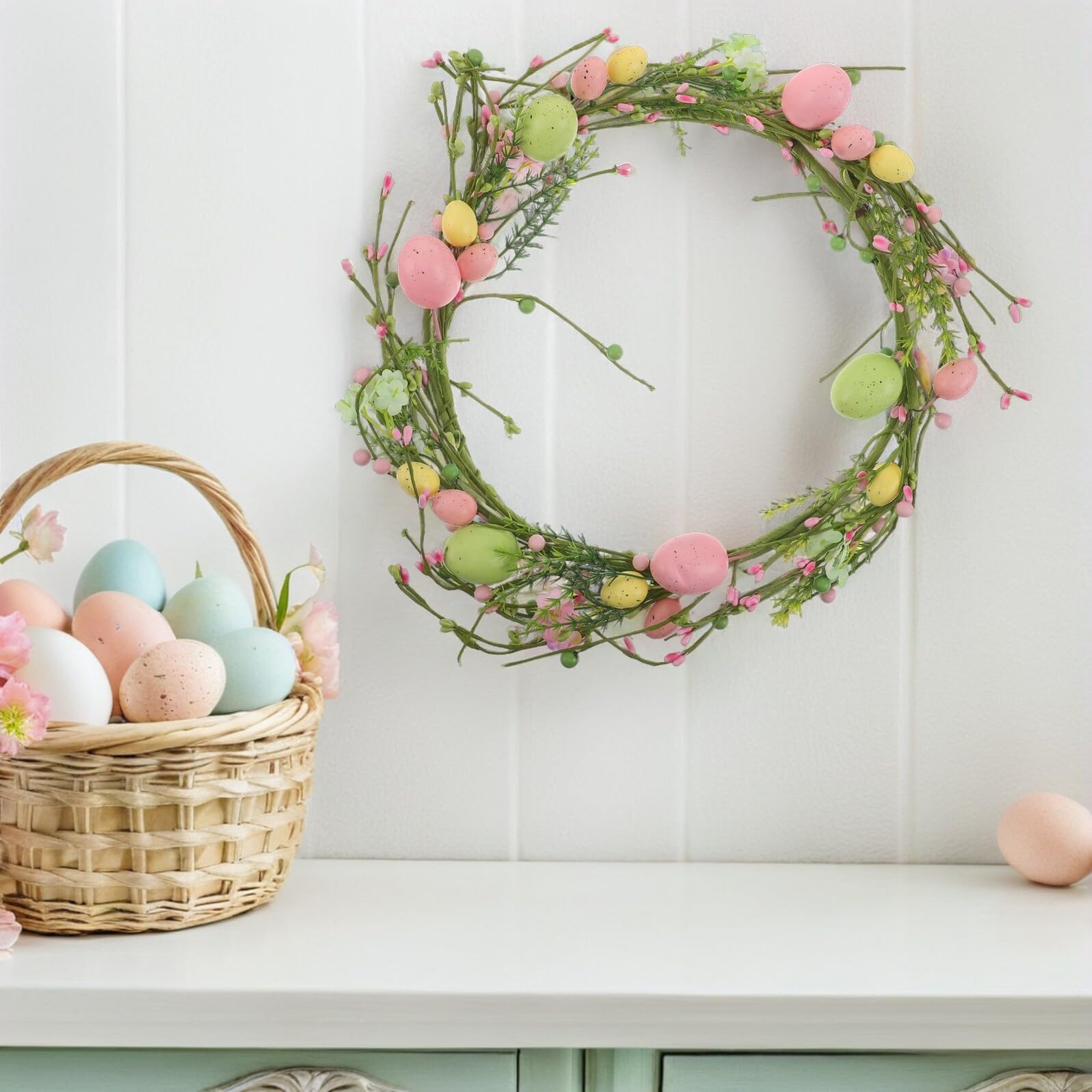 Ghirlanda Pasquale Artificiale con Uova e Bacche, Decorazione da Appendere per Porta D’ingresso, Corona Primaverile Riutilizzabile per Feste e Ambienti Interni ed Esterni