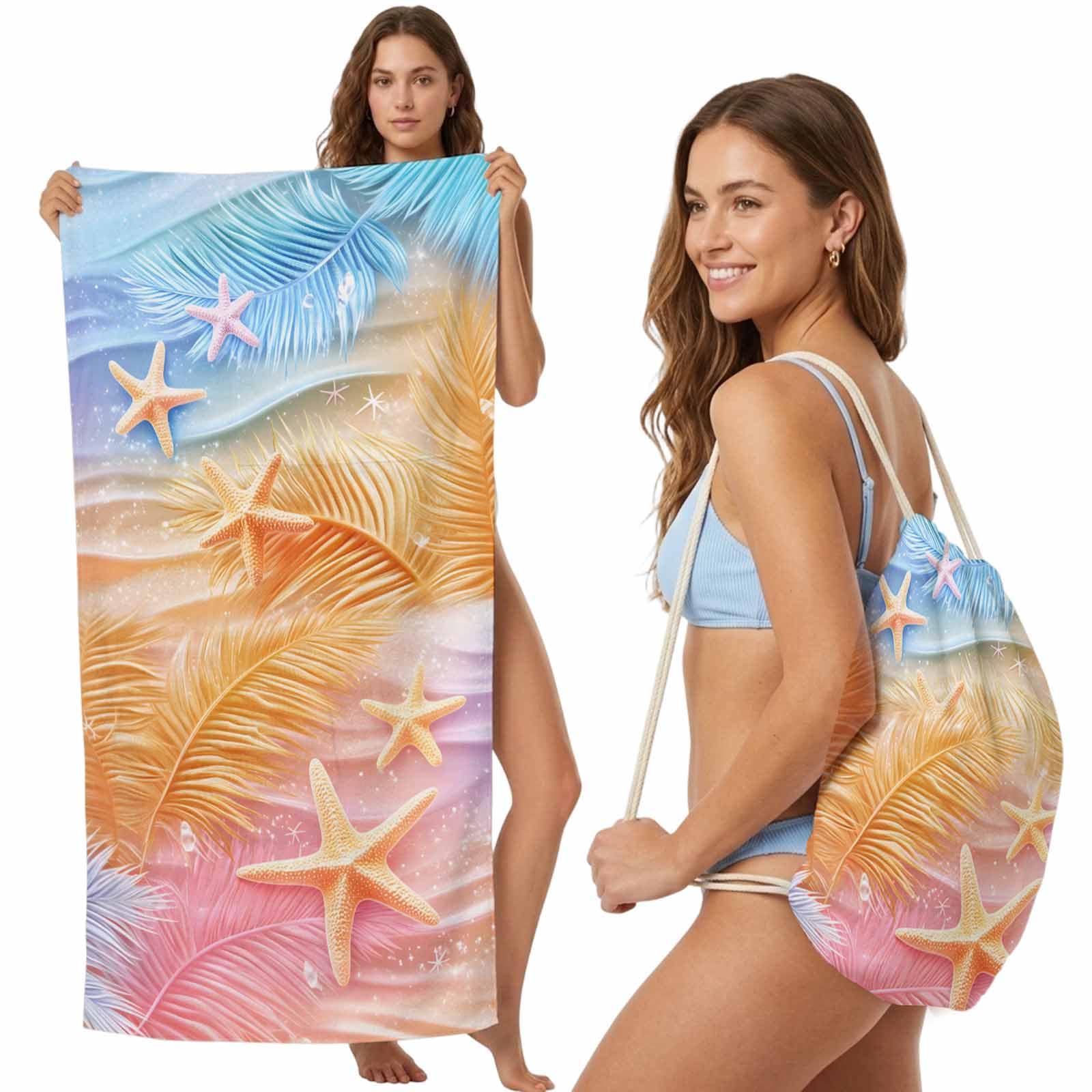 Beach Towel Backpack, Summer Ocean Colorful Starfish Leaves 2-in-1 Foldable Soft Microfiber Quick Dry Beach Towel 31.5x63in Romantic Underwater Lightweight Pool Towels Bag for Travel, Yoga, Gym