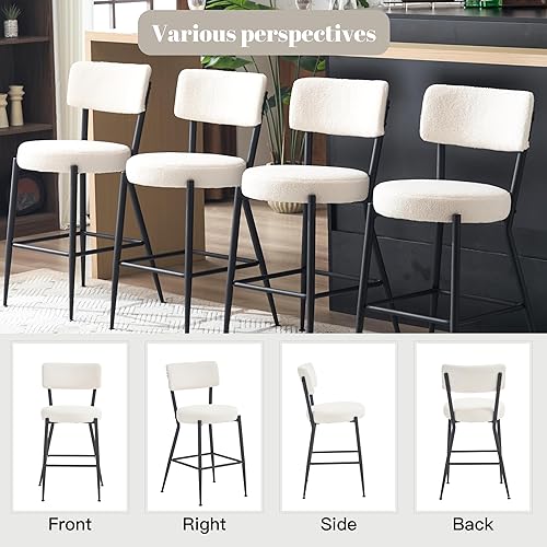 Miniatura 6 de Juego de 4 taburetes de bar tapizados de tela de peluche con respaldo, sillas de bar de comedor tapizadas modernas con patas de metal y reposapiés