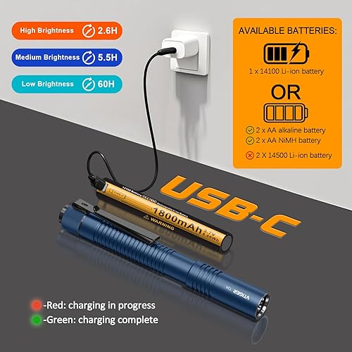 Miniatura 6 de VTIGER T2A linterna compacta EDC, linterna LED recargable AA de 1500 lúmenes de alto brillo, pequeña linterna táctica con interruptor de cola