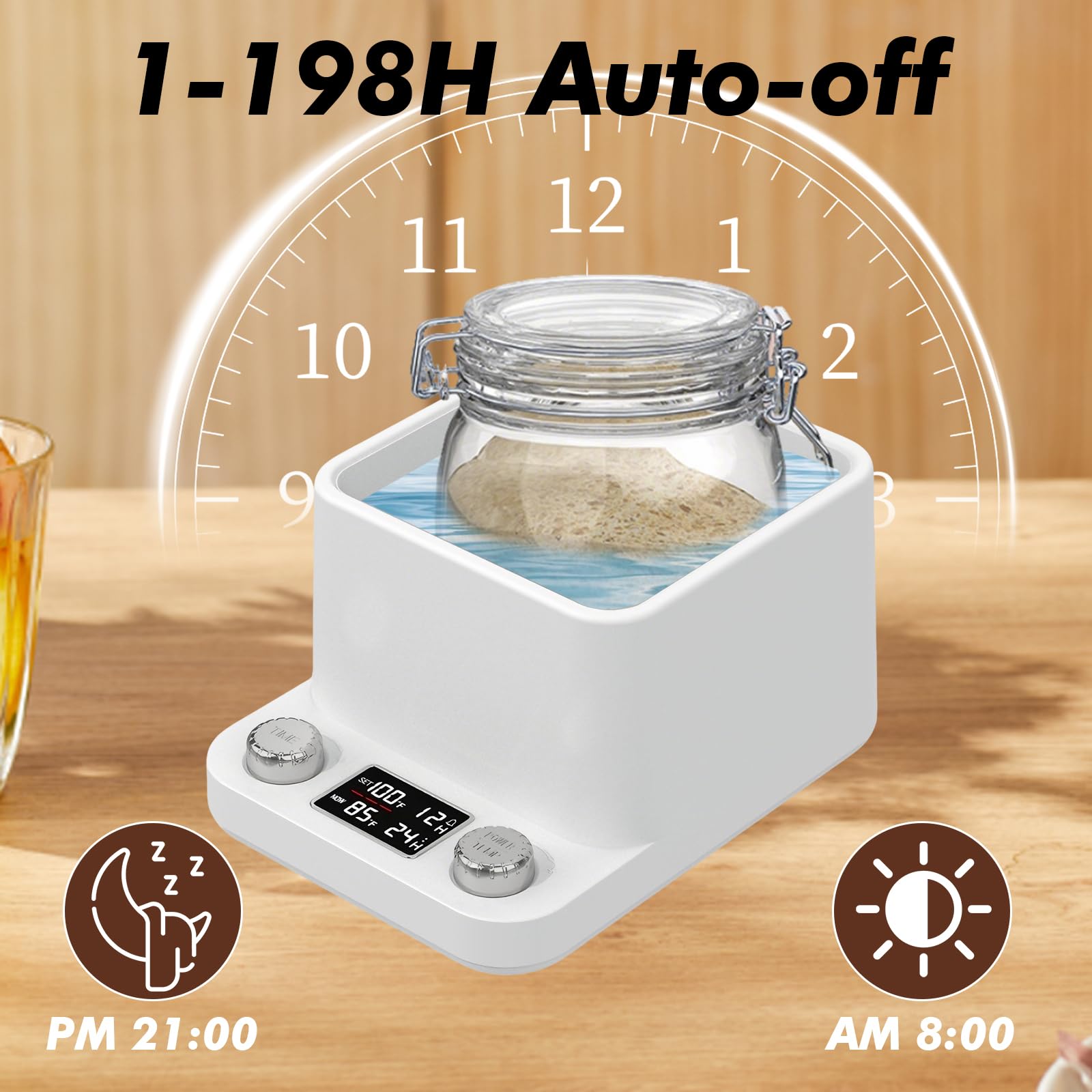 Calentador de Masa Madre con Baño María 360°, Control Preciso de Temperatura de 1°C (21-40°C), Temporizador 198H y Recordatorio de Alimentación – Caja de Fermentación para Masa Madre, Yogur, Kombucha