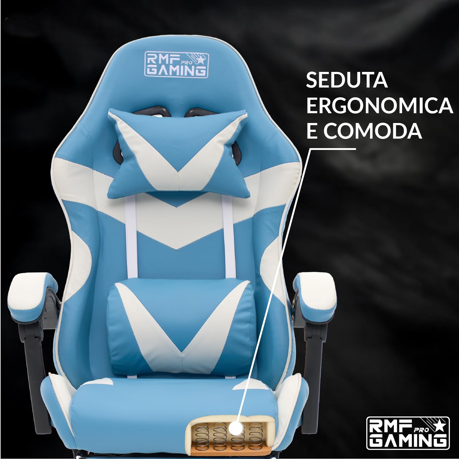RMF Profesjonalne ergonomiczne krzesło do gier, fotel do gier, wygodne i relaksujące siedzisko z podnóżkiem, krzesło dla gracza z obrotowymi kółkami, regulowana wysokość (jasnoniebieski)