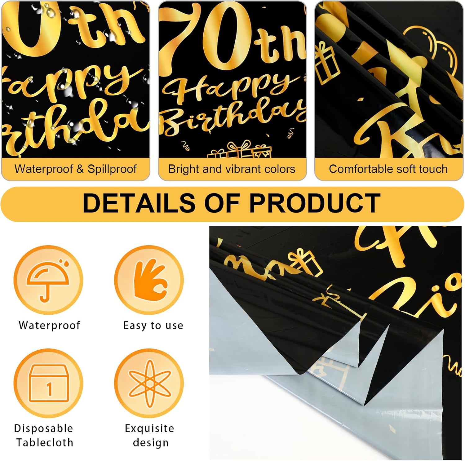 PHOGARY 70th Happy Birthday Party Decorations Tablecloth for Men Women, 3 Pack Black and Gold Tablecloths Bday Anniversary Theme Party Supplies Rectangular Table Cover 54 × 108 in