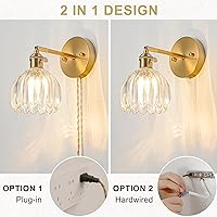 Vista 8 de Juego de 2 apliques de pared enchufables, apliques de pared vintage con pantalla de cristal transparente de tulipán, aplique de pared