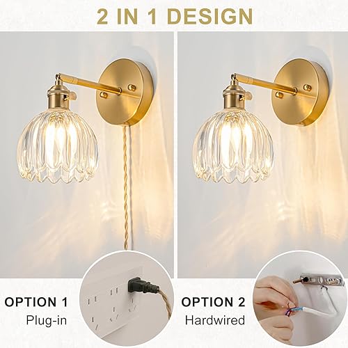 Miniatura 8 de Juego de 2 apliques de pared enchufables, apliques de pared vintage con pantalla de cristal transparente de tulipán, aplique de pared ajustable de