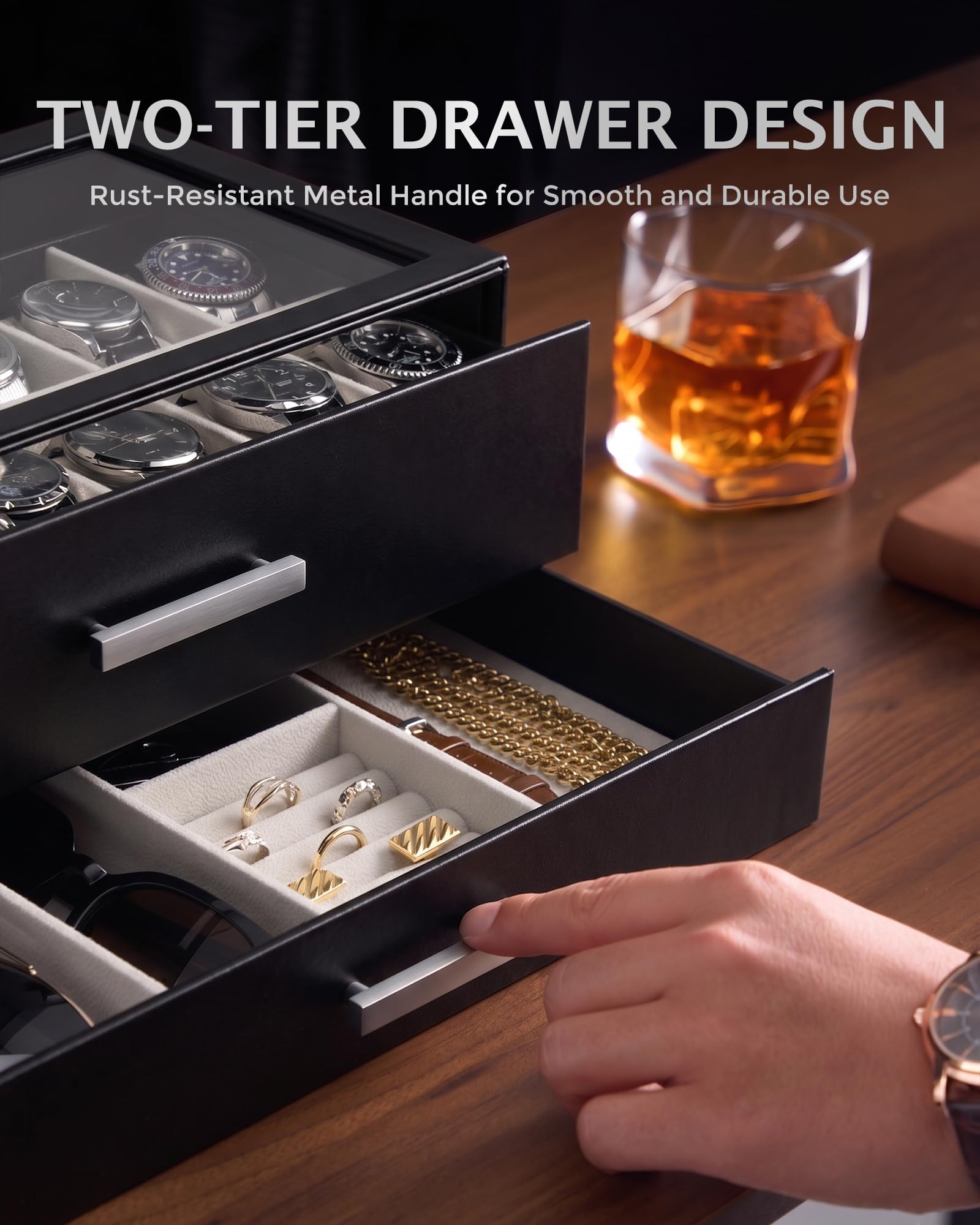 ProCase Coffret Montres 14 Emplacements avec Tiroirs Coulissants Superposés, Boîte à Montres avec Couvercle Transparent, Rangement Élégant pour Montres et Accessoires -Noir