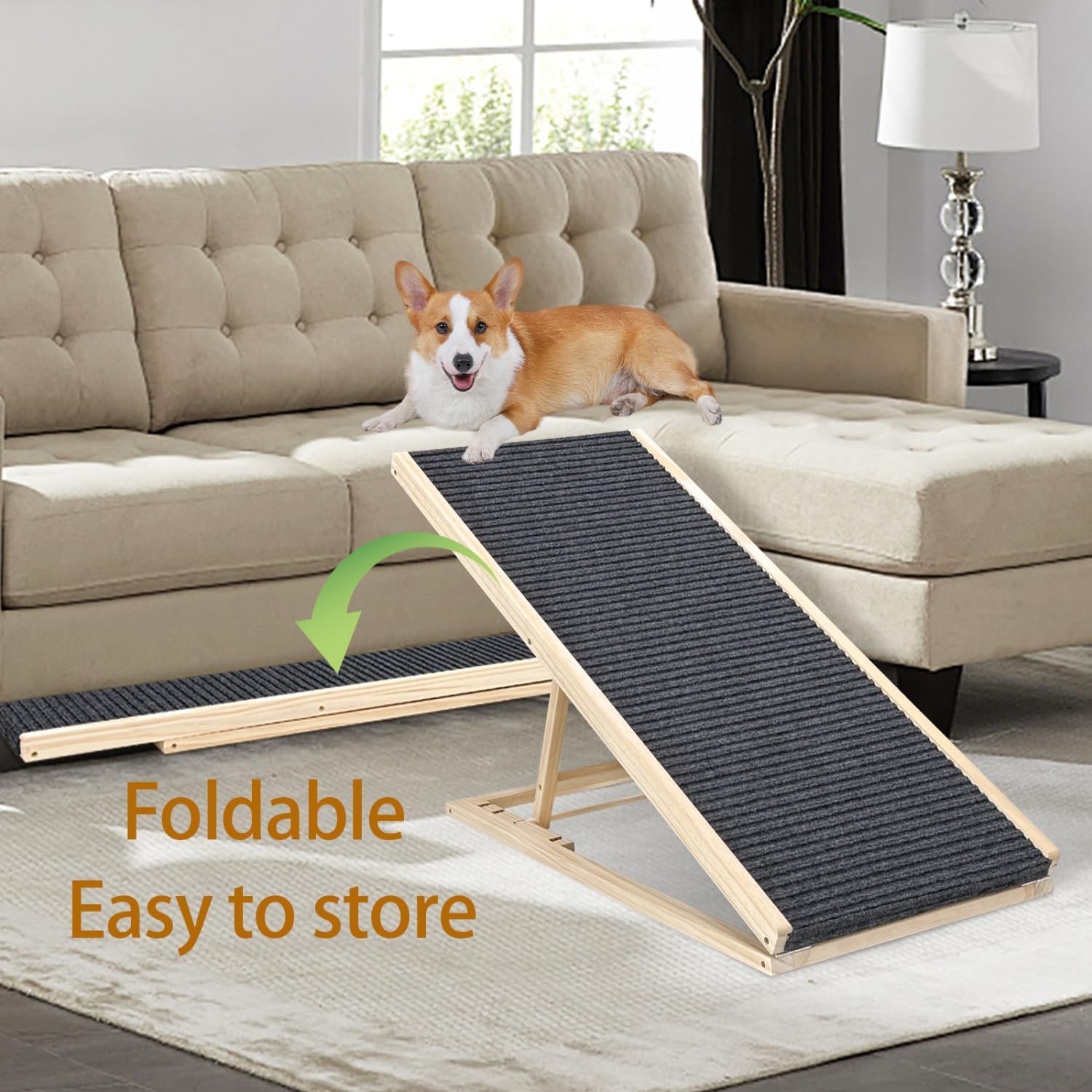 Dog Ramp for Bed Solid Wood High-Traction Fabric Carpet Couch Car Pet-Friendly