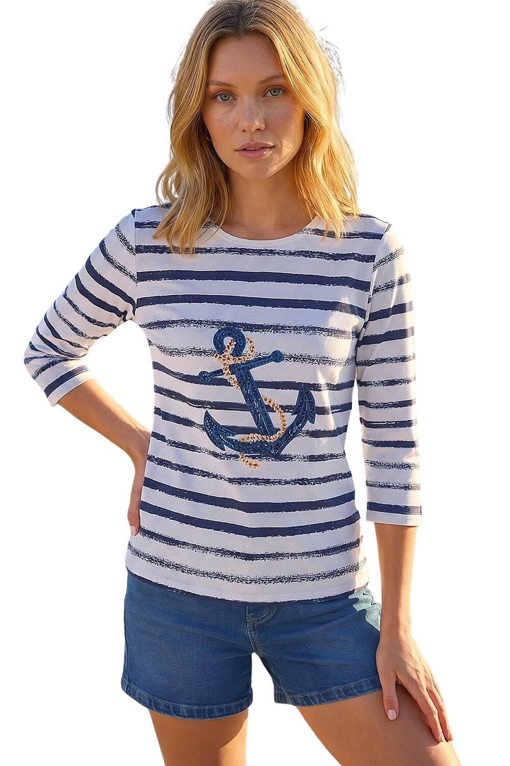 Roman Originals Women's Blue Stripe Stretchy Top For Uk - Jersey Blouse Smart Casual Tunic Work 3/4 Length Sleeve Round Neck Boat Neckline Flattering Autumn Winter - Size 16