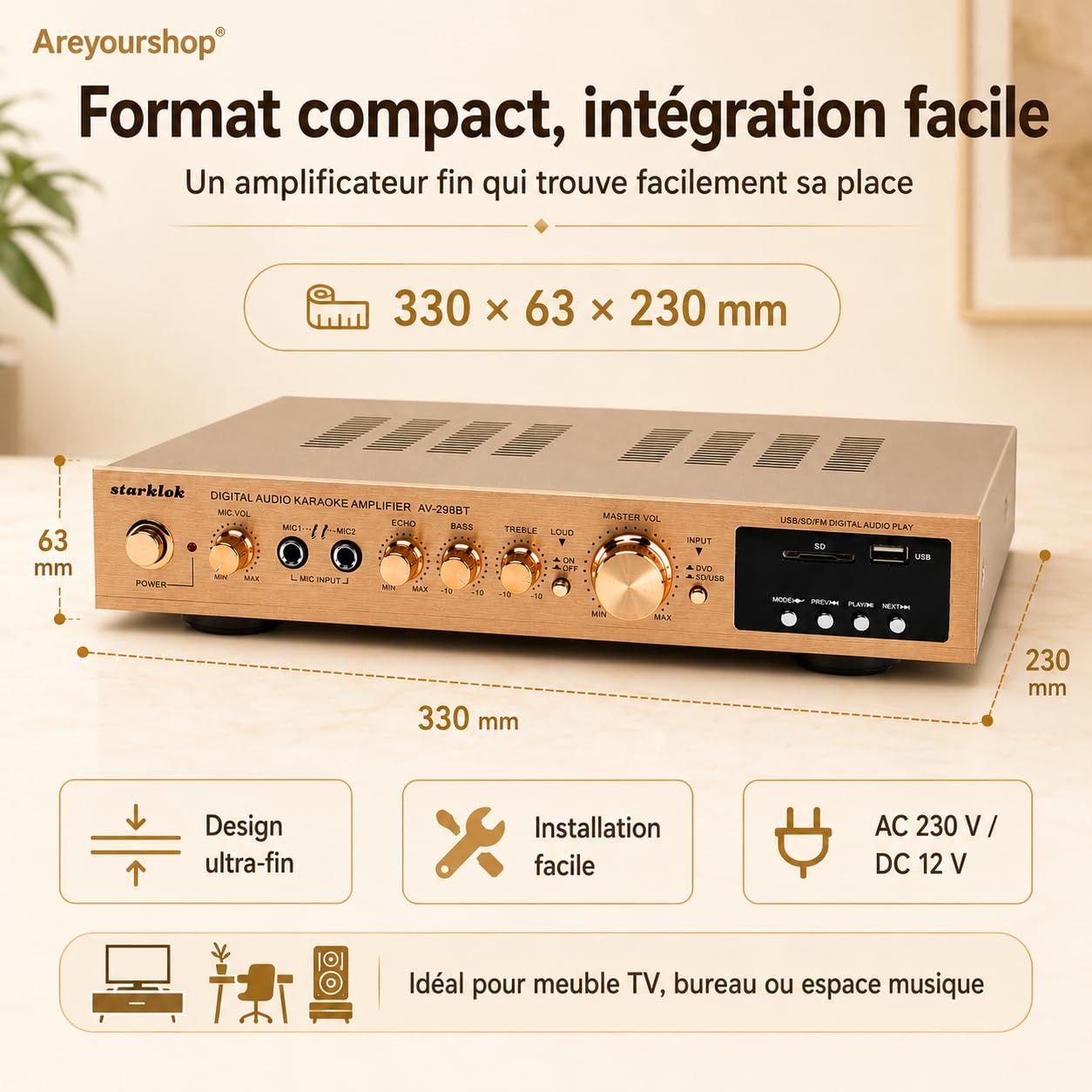 Amplificateur stéréo HiFi 2000 W, ultra fin, 5 cm, en aluminium, amplificateur audio surround AV surround, Bluetooth 5.0, home cinéma, lecture SD/USB, FM Radi