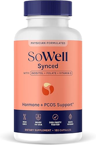 SoWell Synced Suplemento de equilibrio hormonal para mujer con inositol, vitamina D y folato para SOP y apoyo al ciclo menstrual, 120 cápsulas