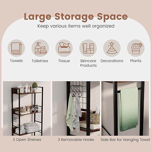 Miniatura 7 de Giantex Estante de almacenamiento para el inodoro 3 niveles de ahorro de espacio de baño con 3 ganchos estante de torre industrial para baño cocina