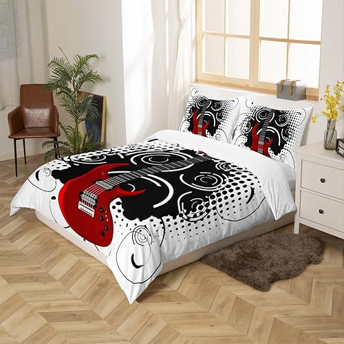 Miniatura 2 de Erosebridal Funda de edredón de guitarra, tamaño matrimonial, funda de edredón de música rock roja, juego de ropa de cama de guitarra eléctrica