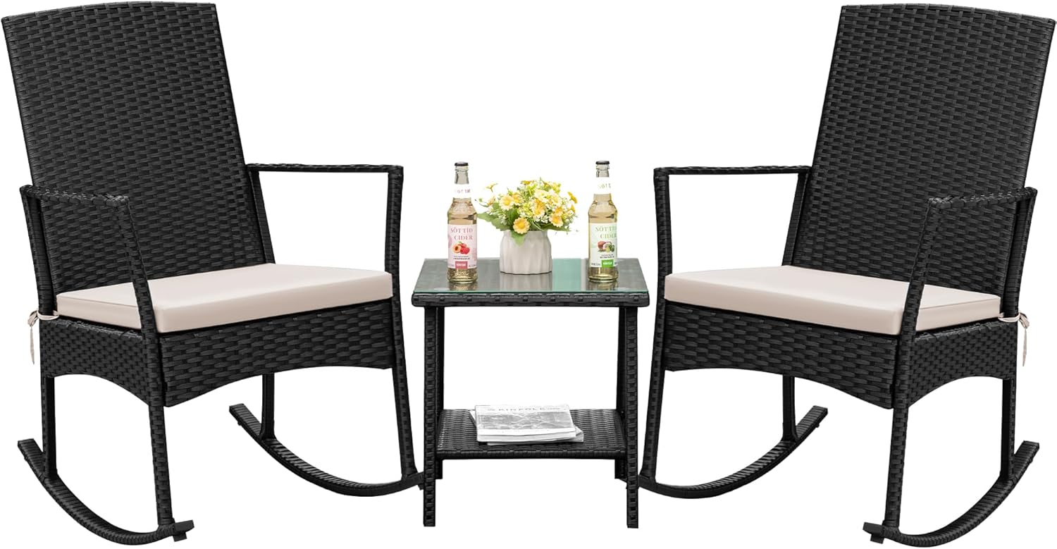 Flamaker Rocking Chair Outdoor PE Rattan Patio Chairs with Glass Table High Back Porch Rocker for Balcony, Garden, Backyard (Beige)