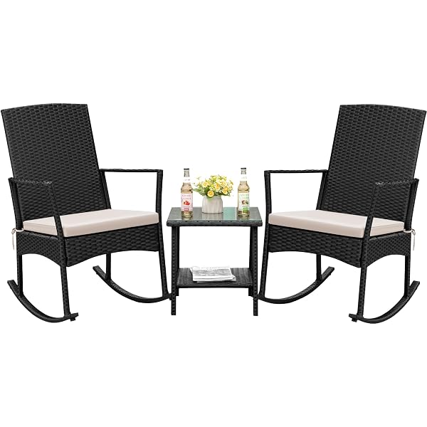 Flamaker Rocking Chair Outdoor PE Rattan Patio Chairs with Glass Table High Back Porch Rocker for Balcony, Garden, Backyard (Beige)