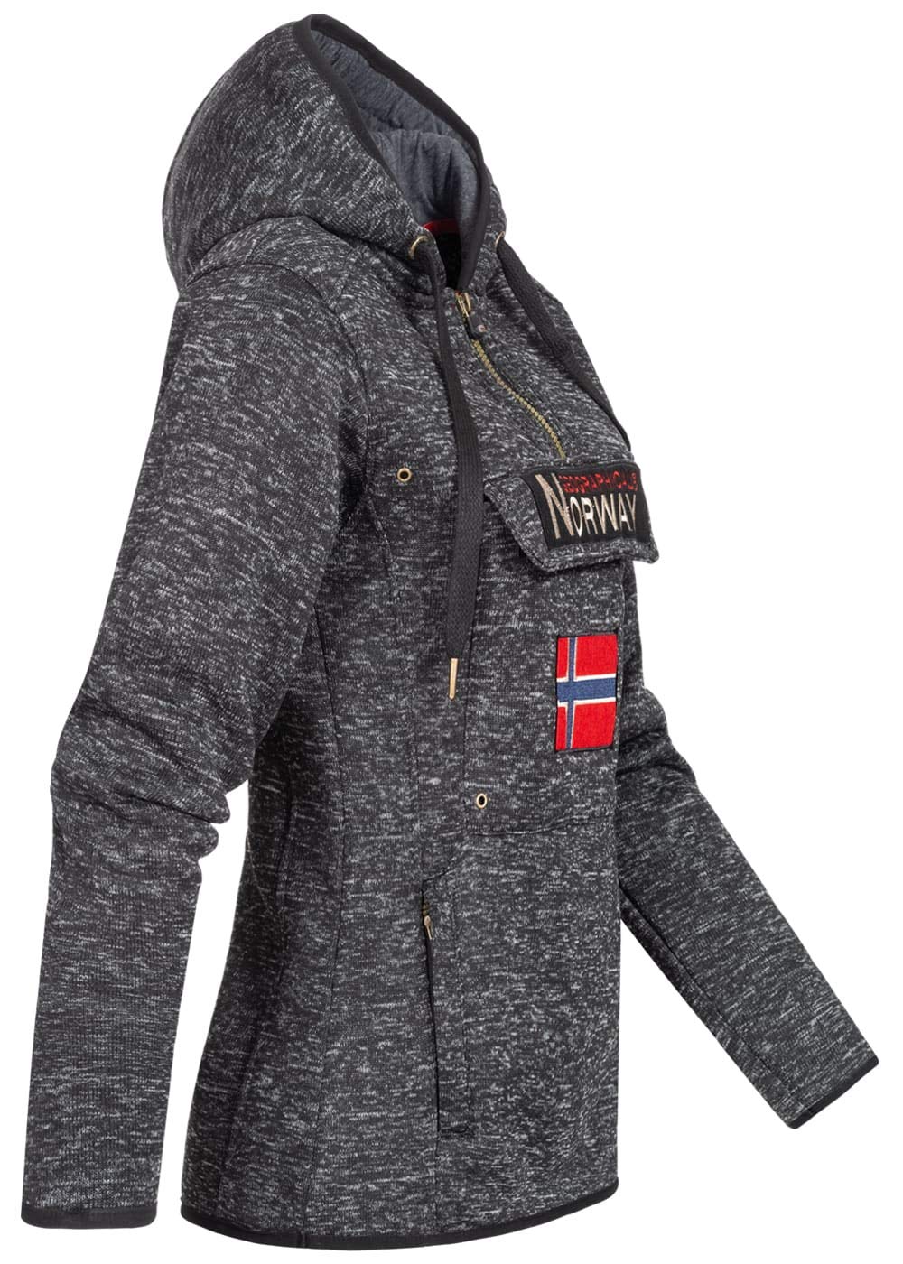 Geographical Norway Damen Half Zip Hoodie Kapuzenpullover Sweater Brusttasche Embro Känguru Pocket Sleeve Rupper Patch