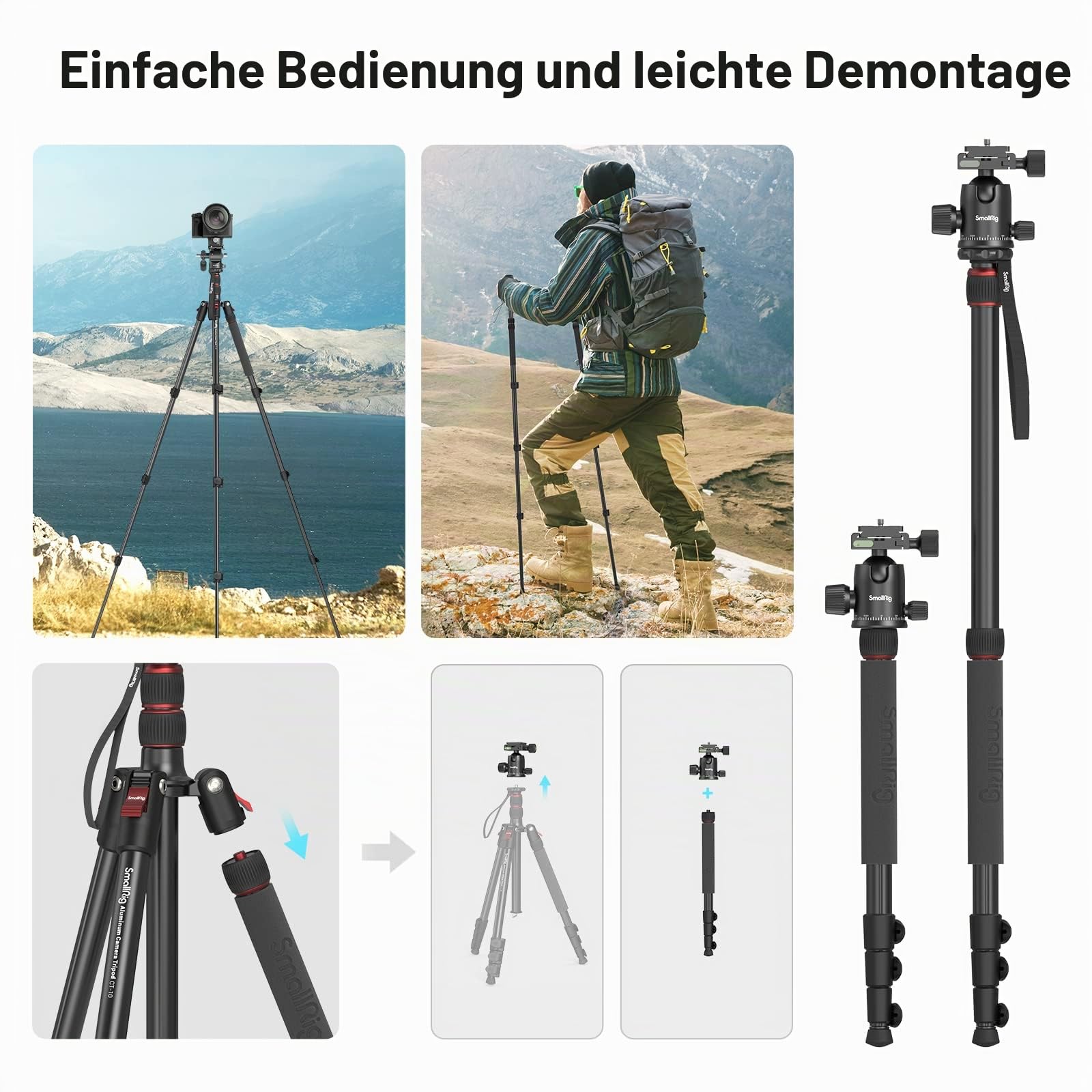 SMALLRIG 71" Kamera-Stativ, Faltbares Aluminium-Stativ Einbeinstativ, 360°Kugelkopf Abnehmbar und Schnellwechselplatte, mit Smartphone Klemme, Nutzlast 15kg 33lb, 71in/180cm - 3935